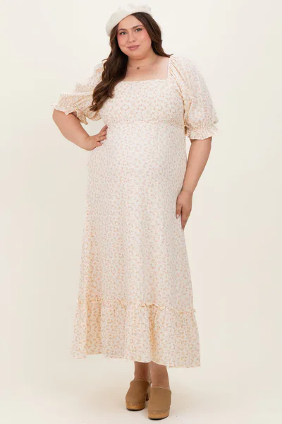 PinkBlush Beige Floral Print Square Neckline Plus Maternity Maxi Dress