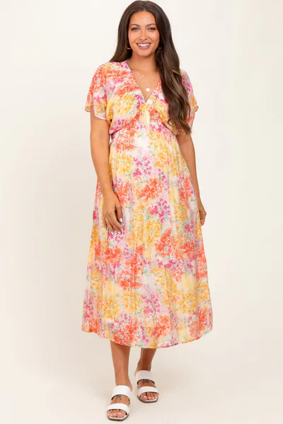 PinkBlush Yellow Mix Textured Floral Gathered V Neck Maternity Dress
