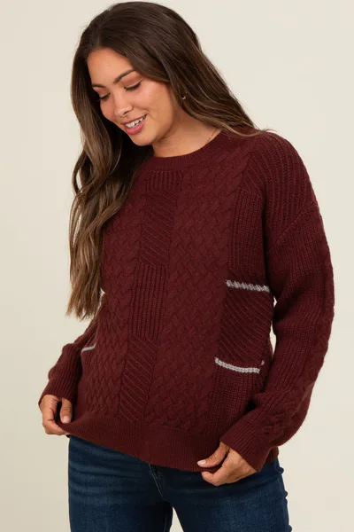 PinkBlush Brown Striped Mixed Cable Knit Maternity Sweater