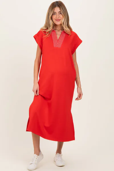 PinkBlush Red Striped Collared Side Slit Maternity Midi Dress