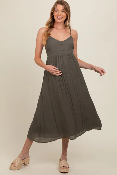 PinkBlush Olive Button Accent Maternity Midi Dress