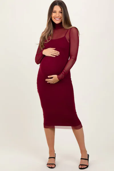 PinkBlush Burgundy Mesh Overlay Fitted Maternity Midi Dress