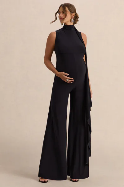 Club L London Renza | Black High-Neck Maternity Jumpsuit With Scarf Detail