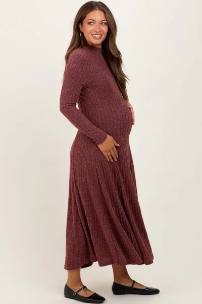 PinkBlush Burgundy Ribbed Mock Neck Maternity Midi Dress
