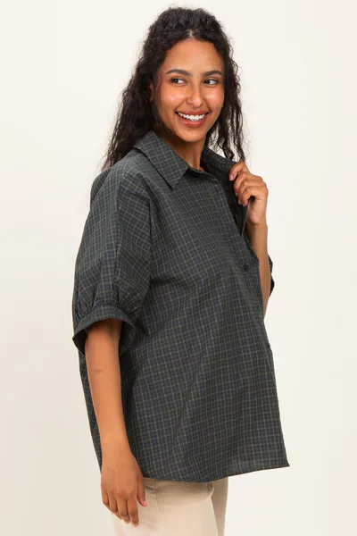 PinkBlush Pine Oversized Check Plaid Maternity Button Down Shirt