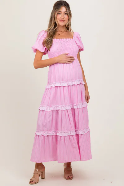 PinkBlush Pink Smocked Ruffle Tiered Puff Sleeve Maternity Maxi Dress