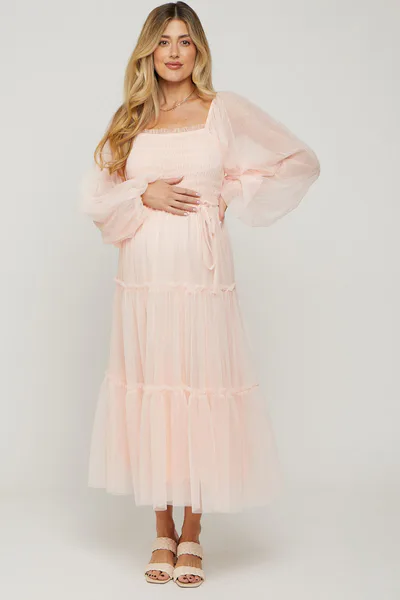PinkBlush Light Pink Mesh Tiered Long Sleeve Maternity Maxi Dress