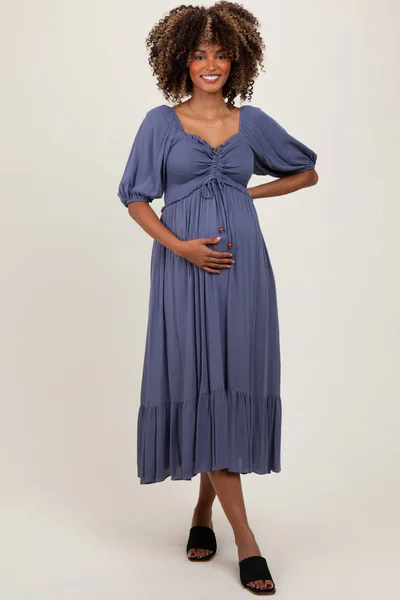 PinkBlush Blue Smocked Cinched Front Maternity Maxi Dress