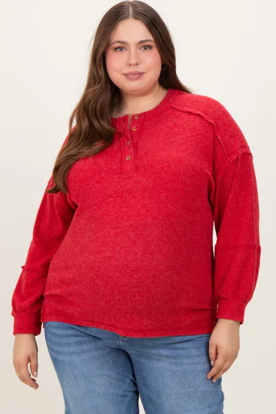 PinkBlush Red Oversized Ribbed Knit Henley Maternity Plus Sweater