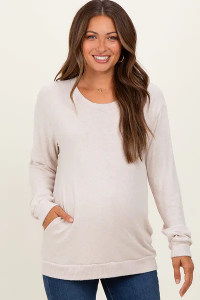 PinkBlush Beige V-Neck Double Layer Maternity Nursing Pullover Top