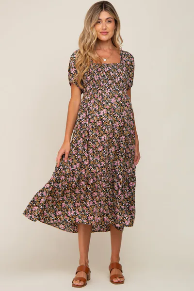 PinkBlush Pink Floral Smocked Puff Sleeve Maternity Midi Dress