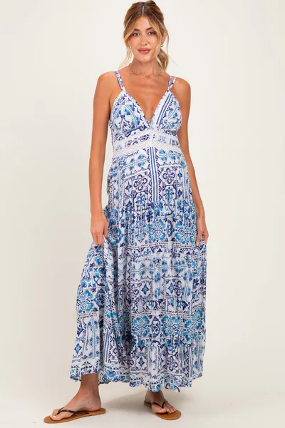 PinkBlush Blue Printed V-Neck Lace Tim Maternity Maxi Dress