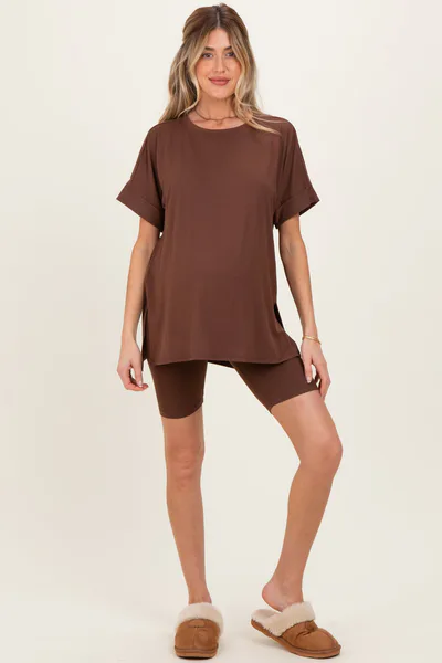 PinkBlush Brown Hi-Low Short Sleeve Tee Biker Short Maternity Set