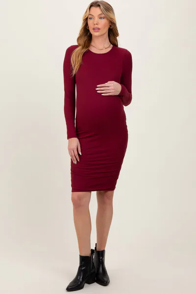 PinkBlush Burgundy Crew Neck Double Layered Rib Maternity Mini Dress