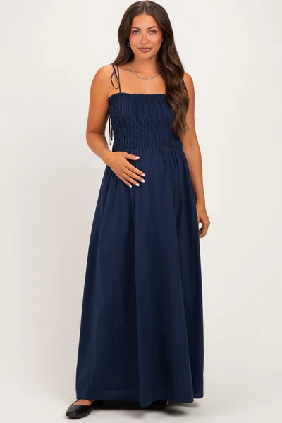 PinkBlush Navy Smocked Shoulder Tie Maternity Maxi Dress