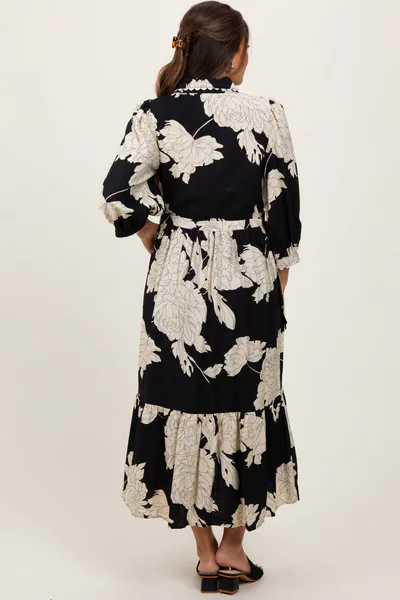 PinkBlush Black Floral Print Cinched Tie Waist Maternity Shirt Dress