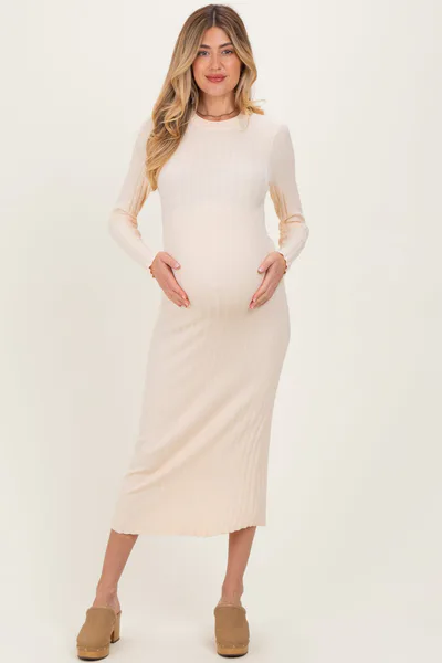 PinkBlush Cream Ribbed Knit Fitted Maternity Midi Sweater Dress