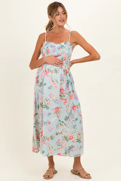 PinkBlush Aqua Multi Floral Print Smocked Chest Maternity Maxi Dress