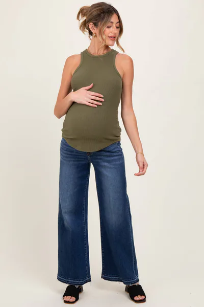 PinkBlush Navy Distressed Raw Hem Wide Leg Maternity Jeans