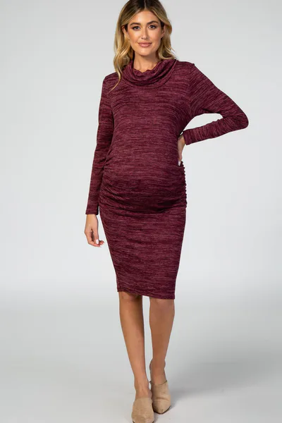 PinkBlush Burgundy Knit Long Sleeve Cowl Neck Maternity Dress