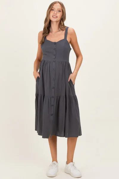 PinkBlush Charcoal Sleeveless Button Down Tiered Maternity Midi Dress
