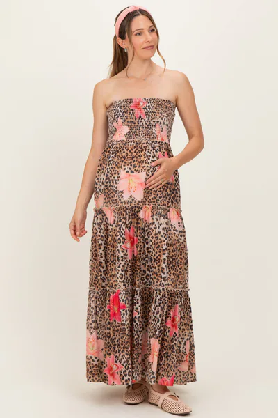 PinkBlush Mocha Animal Print Floral Smocked Strapless Maternity Maxi Dress