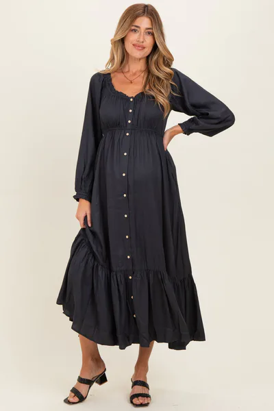 PinkBlush Navy Off Shoulder Button Accent Maternity Maxi Dress