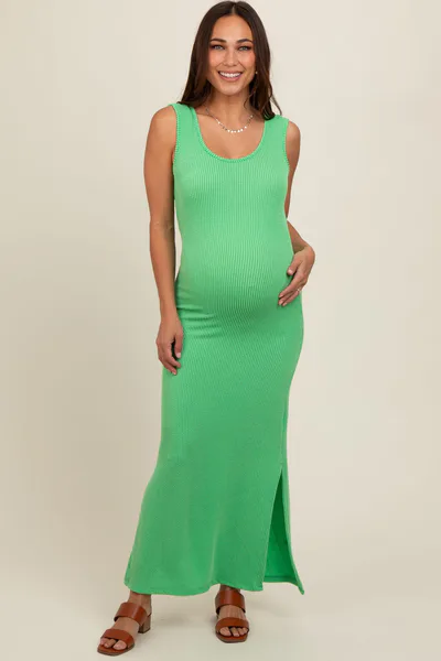 PinkBlush Green Ribbed Side Slit Maternity Maxi Dress