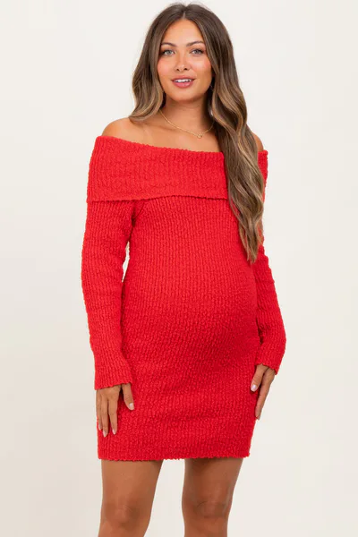 PinkBlush Red Off The Shoulder Knit Sweater Maternity Mini Dress