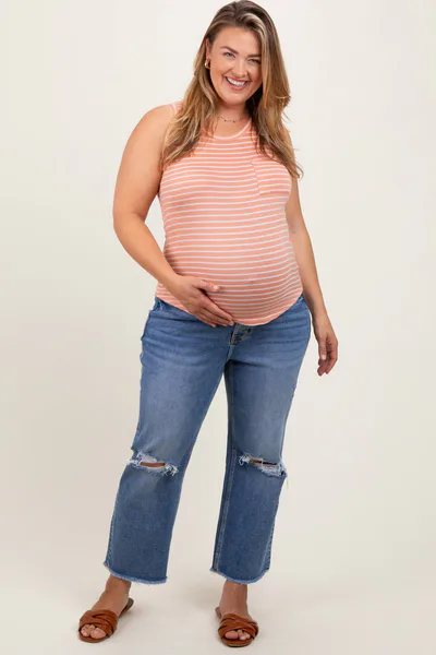 PinkBlush Blue Open Knee Fringe Hem Cropped Wide Leg Maternity Plus Jeans