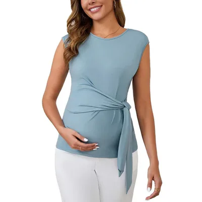 Target INSPIRE CHIC Women's Maternity Blouse Tie Front Belted Tunic Bowknot Tops Cap Sleeve Shirts Work Office Medium Blue