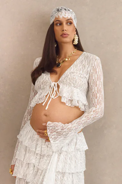 Club L London Astella | White Lace Plunge-Neck Top With Ruffled Trim