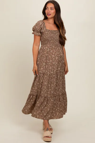 PinkBlush Mocha Floral Short Sleeve Maternity Maxi Dress