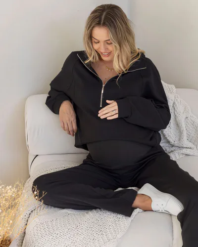 Angel Maternity Alanna Maternity Zipper Track Top in Black