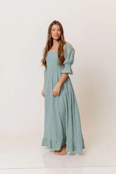 Worth Collective Sienna 100% Cotton Puff Sleeve Maxi Dress in Aqua Foliage  - Bump Friendly
