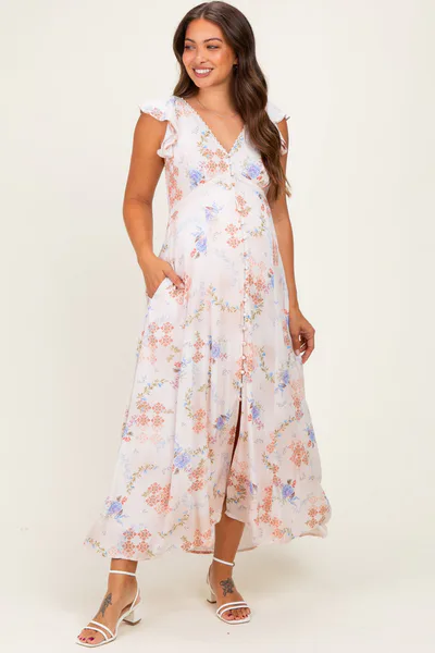 PinkBlush Dusty Pink Floral Button Down Maternity Maxi Dress