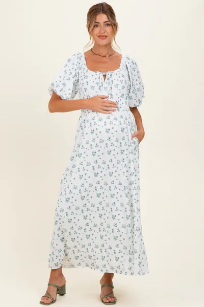PinkBlush Ivory Floral Puff Sleeve Tie Front Maternity Midi Dress