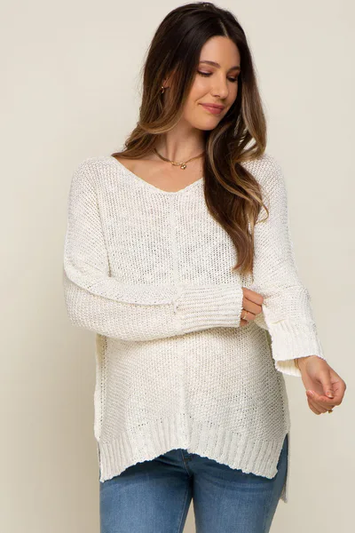 PinkBlush Cream Chunky Knit Side Slit Maternity Sweater