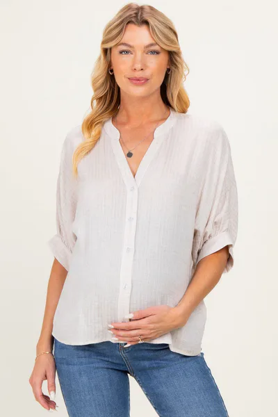 PinkBlush Oatmeal Button Down 3/4 Sleeve Maternity Blouse