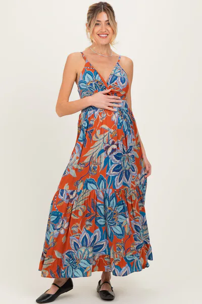 PinkBlush Cinnamon Floral Twist Front Cutout Maternity Maxi Dress