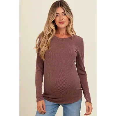 Target PinkBlush Brown Ribbed Scoop Neck Long Sleeve Maternity Top Brown Small