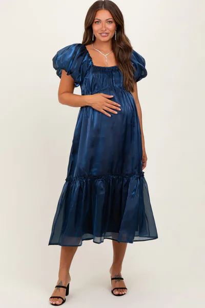 PinkBlush Navy Organza Puff Sleeve Maternity Midi Dress