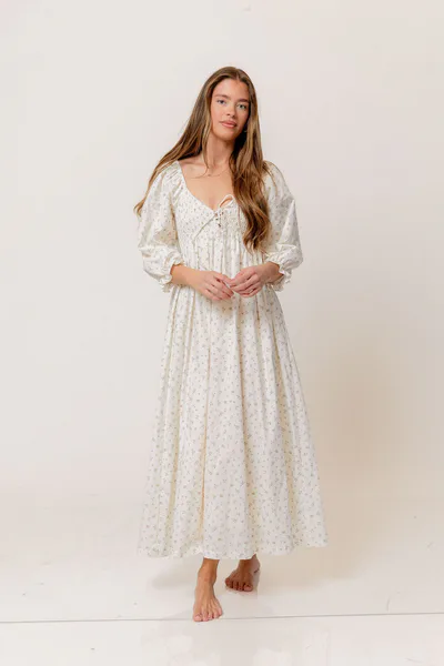 Worth Collective Cecilia 100% Cotton Smocked Maxi Dress in Flowery Ivory (Lined) - Bump Friendly