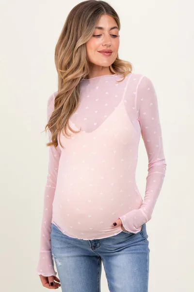 PinkBlush Light Pink Mesh Heart High Neck Long Sleeve Maternity Top
