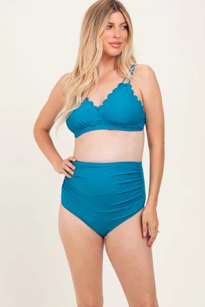 PinkBlush Teal Scalloped V-Neck High Waist Two-Piece Maternity Swimsuit