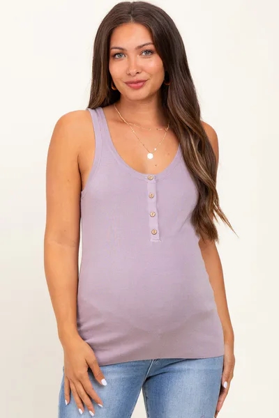 PinkBlush Lavender Ribbed Knit Button Maternity Tank Top