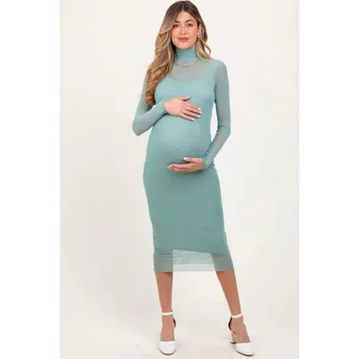 Target Pinkblush Light Olive Mesh Overlay Fitted Maternity Midi Dress Small