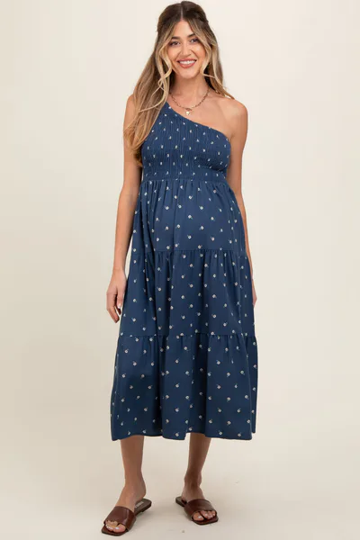 PinkBlush Navy Blue Floral Linen Smocked One Shoulder Tiered Maternity Midi Dress