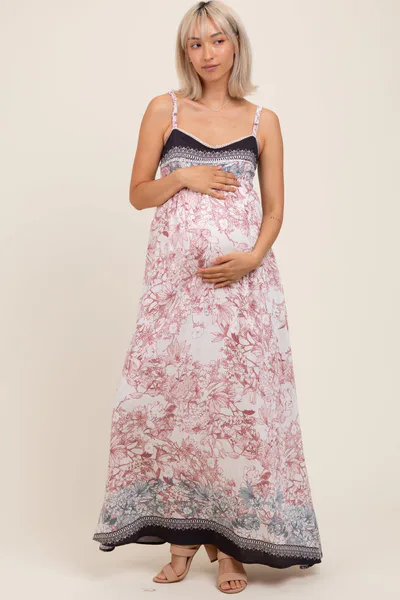PinkBlush Charcoal Floral Contrast Border Maternity Maxi Dress