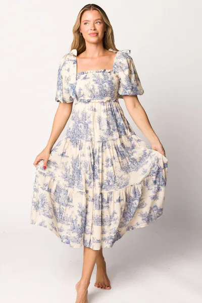 Worth Collective Elena 100% Cotton Toile Print Smocked Midi Dress in Blue - Bump Friendly *8/25 PRE-ORDER*